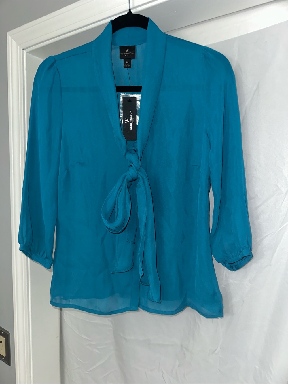 Worthington Teal Tie-Front Blouse - Feminine Neck Bow